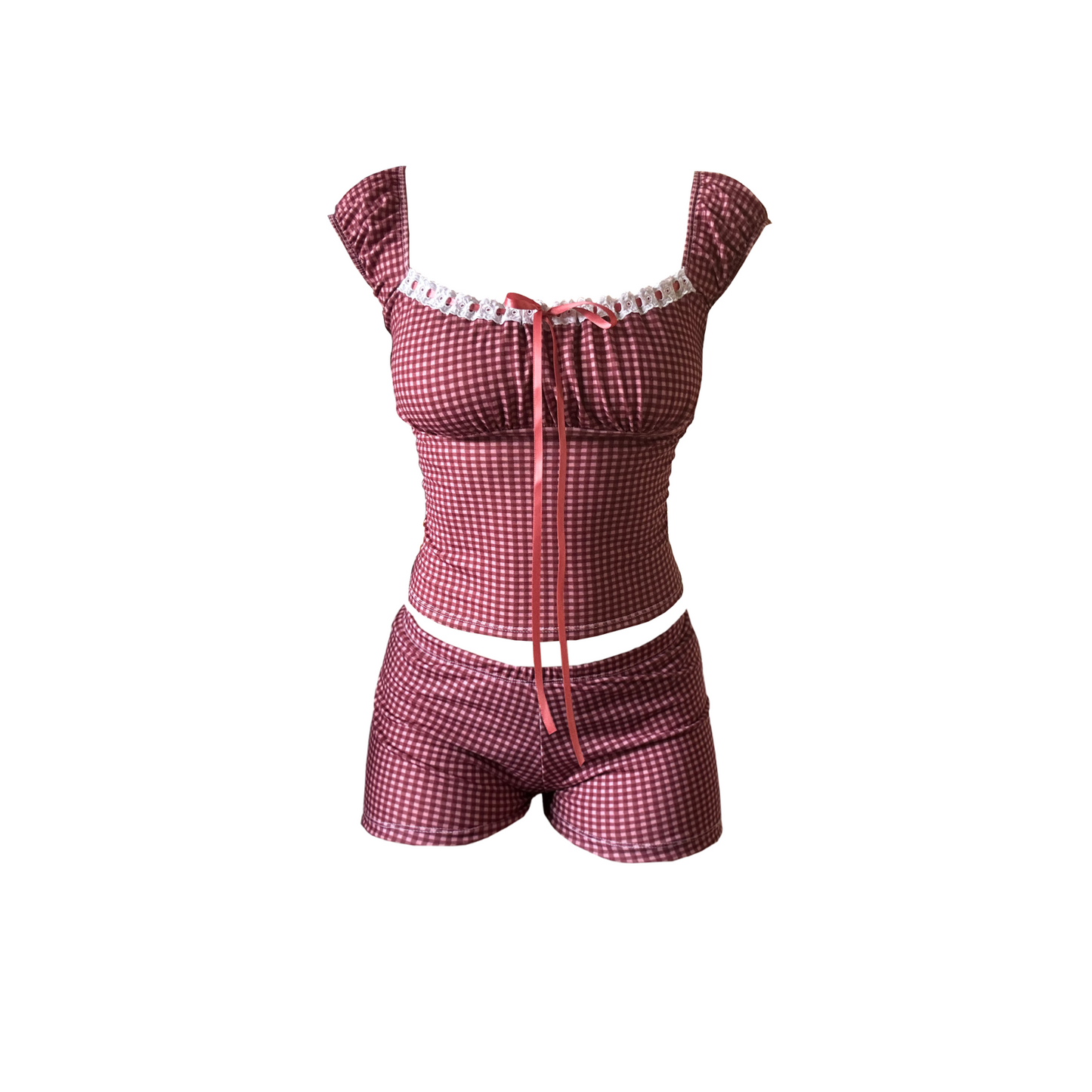 Burgundy Gingham Milkmaid Short Set